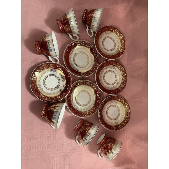 VNTG Set of 6 Porcelana SCHMIDT Brasil Espresso Cups -Multicolor Burgundy Gold - Picture 7 of 12